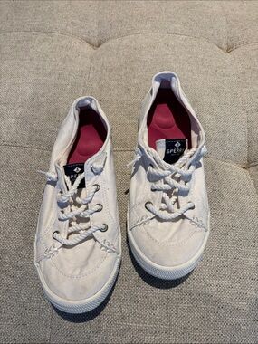 Sperry White Canvas Lace-Up Sneakers with Pink Insoles